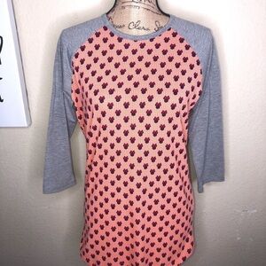 LuLaRoe Minnie Mouse Print Randy with Gray Sleeves & Coral Colors Size Small
